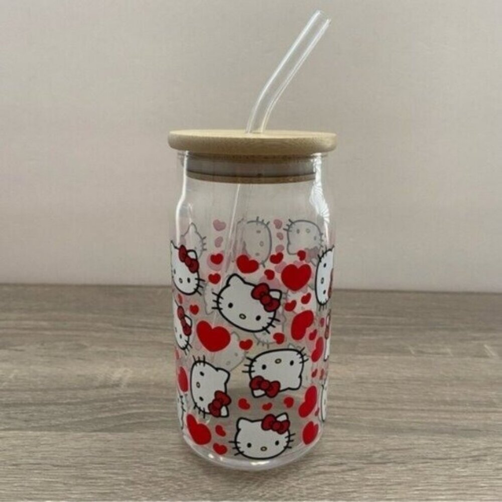 Hello Kitty Red Face Glass Straw Can Cup NEW